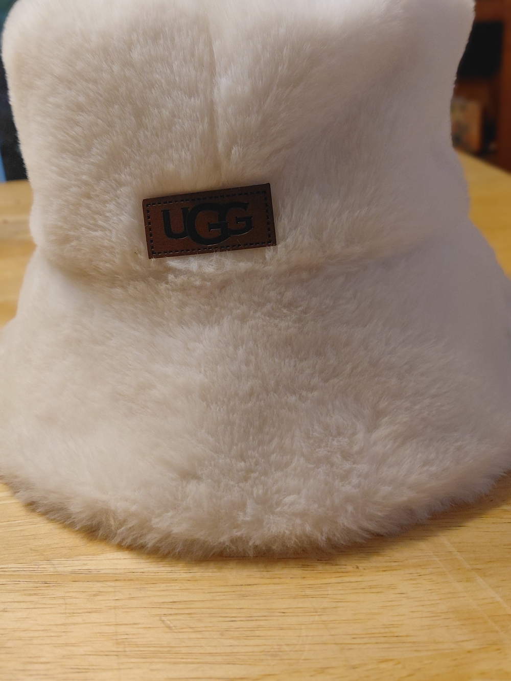 UGG Plush Cream Faux-Fur Bucket Hat with Logo Patch